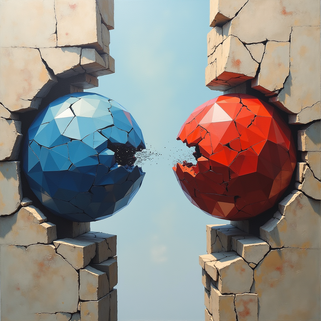 A transparent barrier separating blue spheres and red cubes