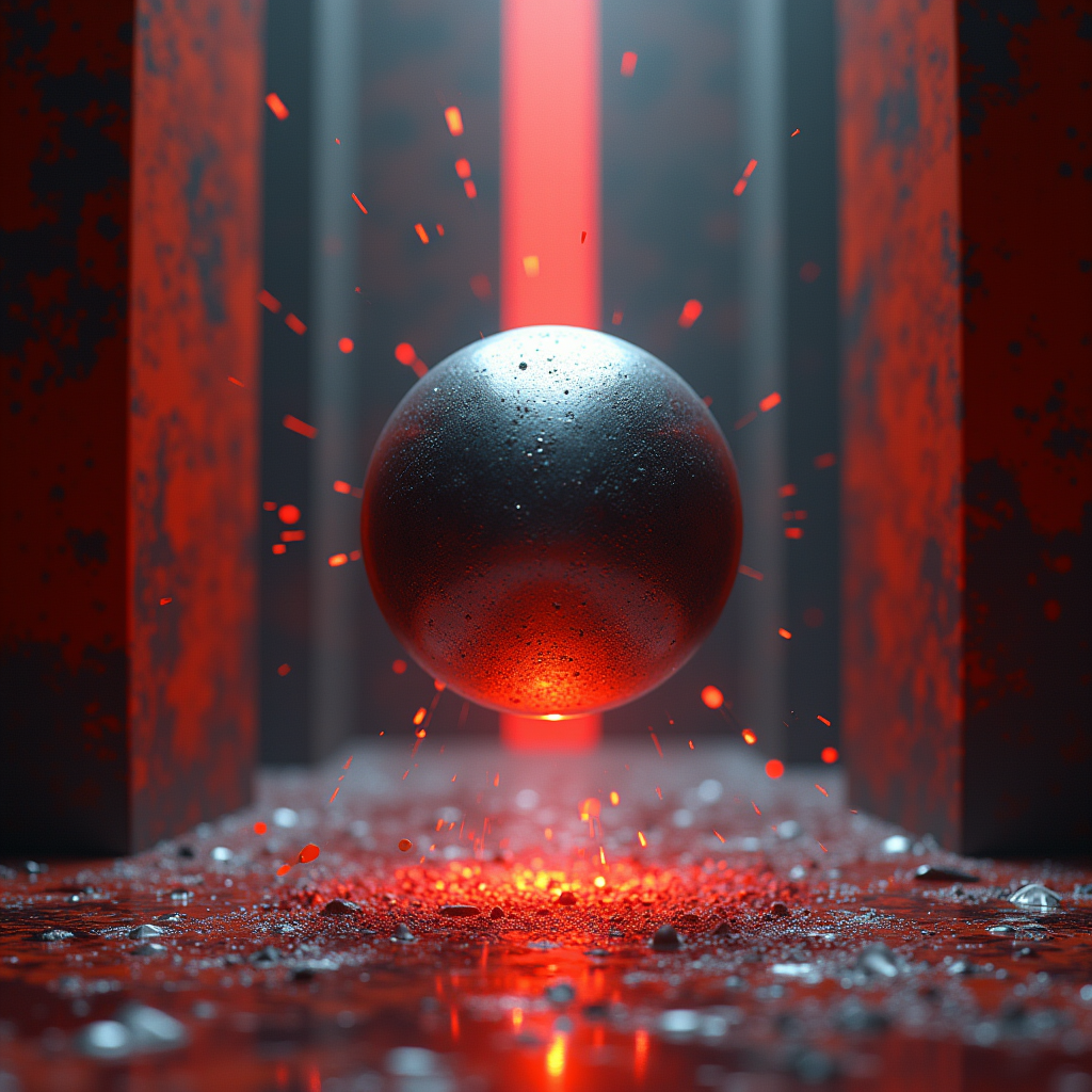 A suspended metallic sphere hovers inside a vacuum chamber,