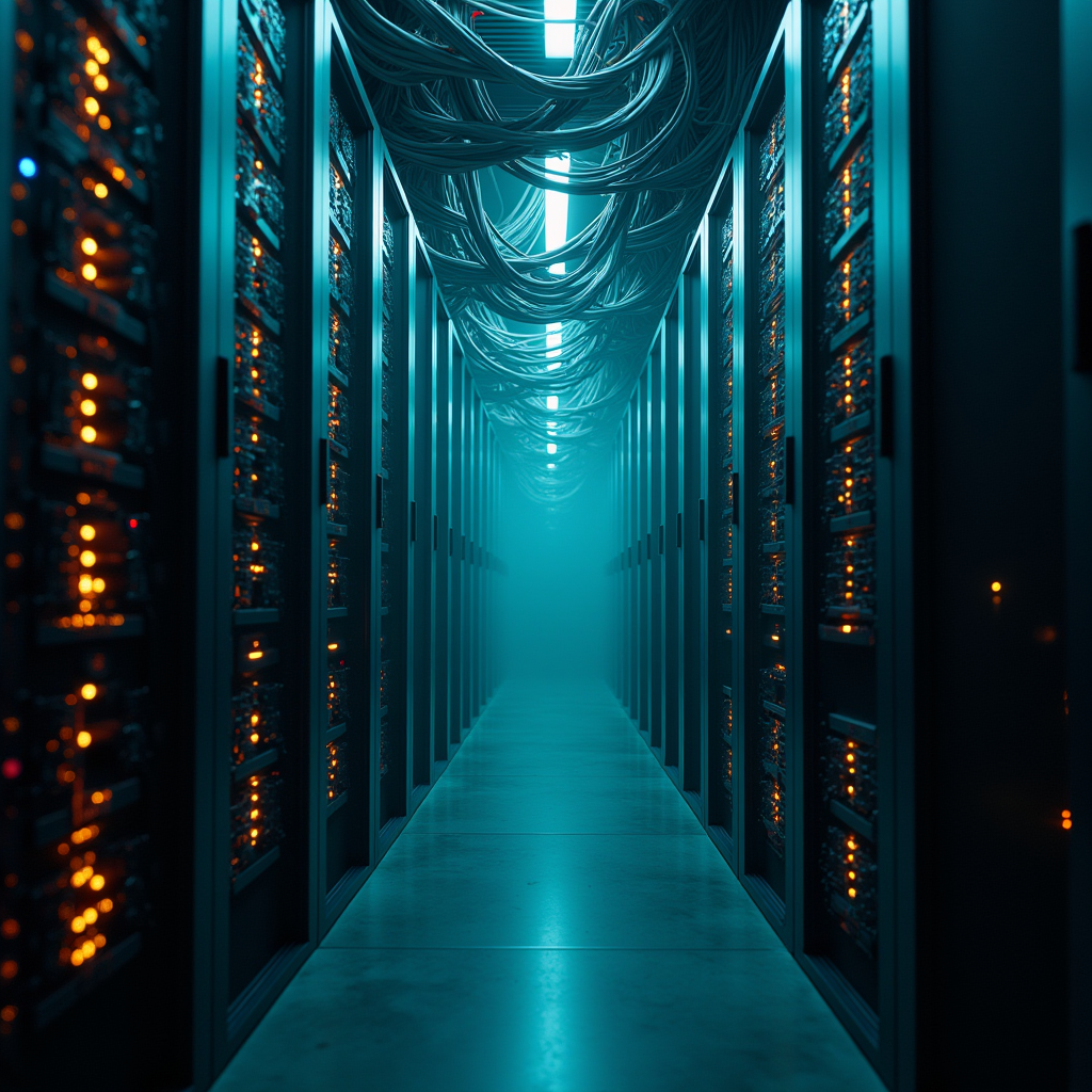 Tilted wide shot of a massive server rack with blinking LED 