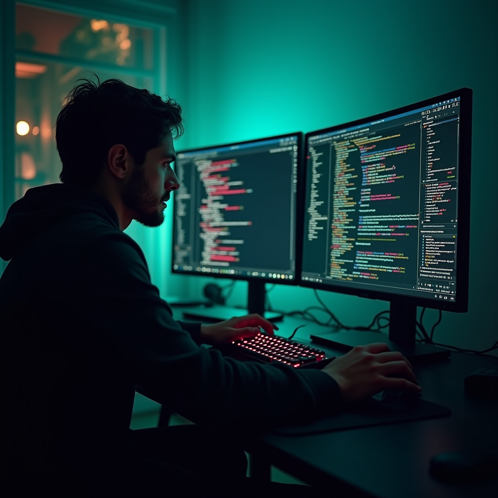 Over-the-shoulder view of a developer typing on a mechanical