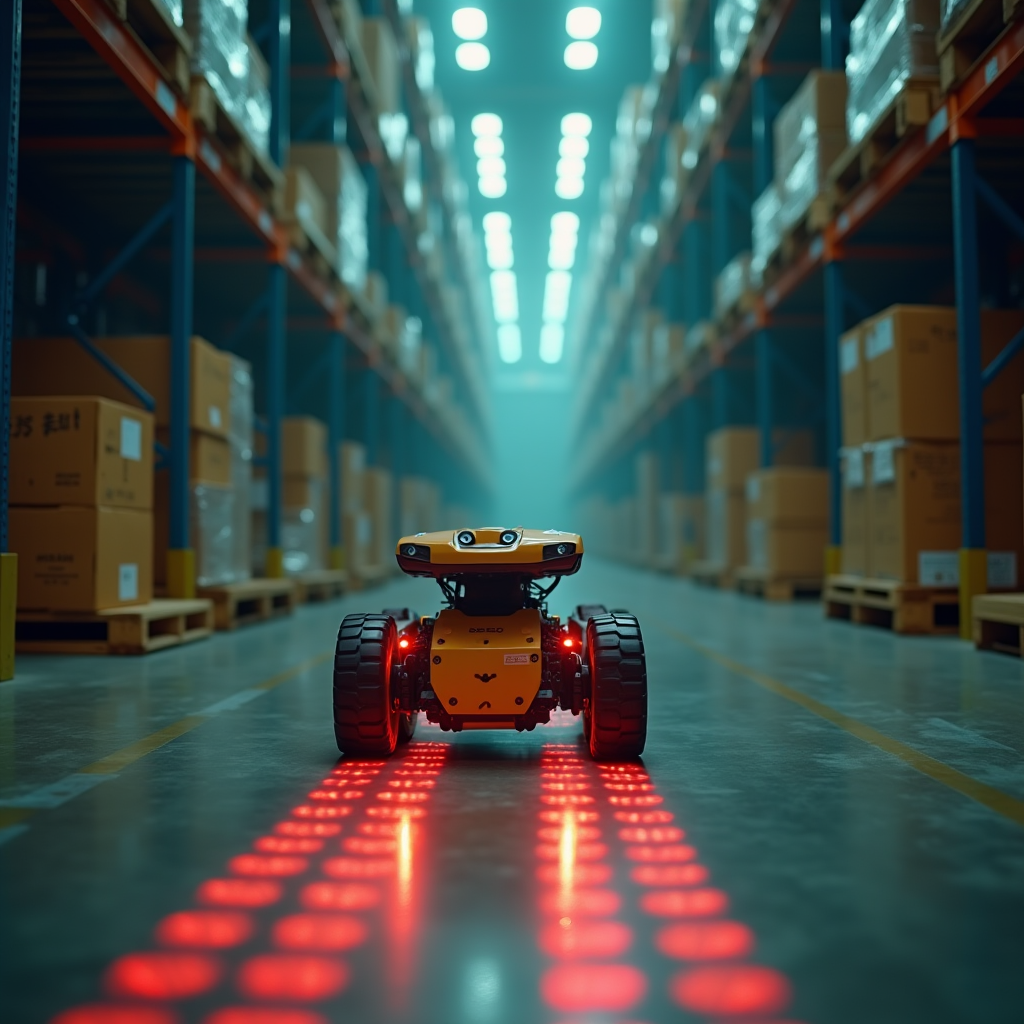 Low-angle action shot of an autonomous warehouse robot navig