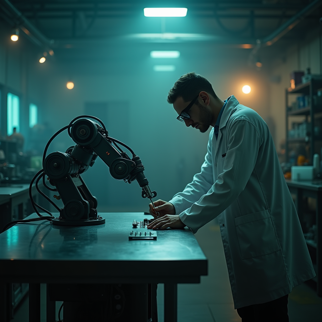 Medium shot of a researcher calibrating a robotic arm protot