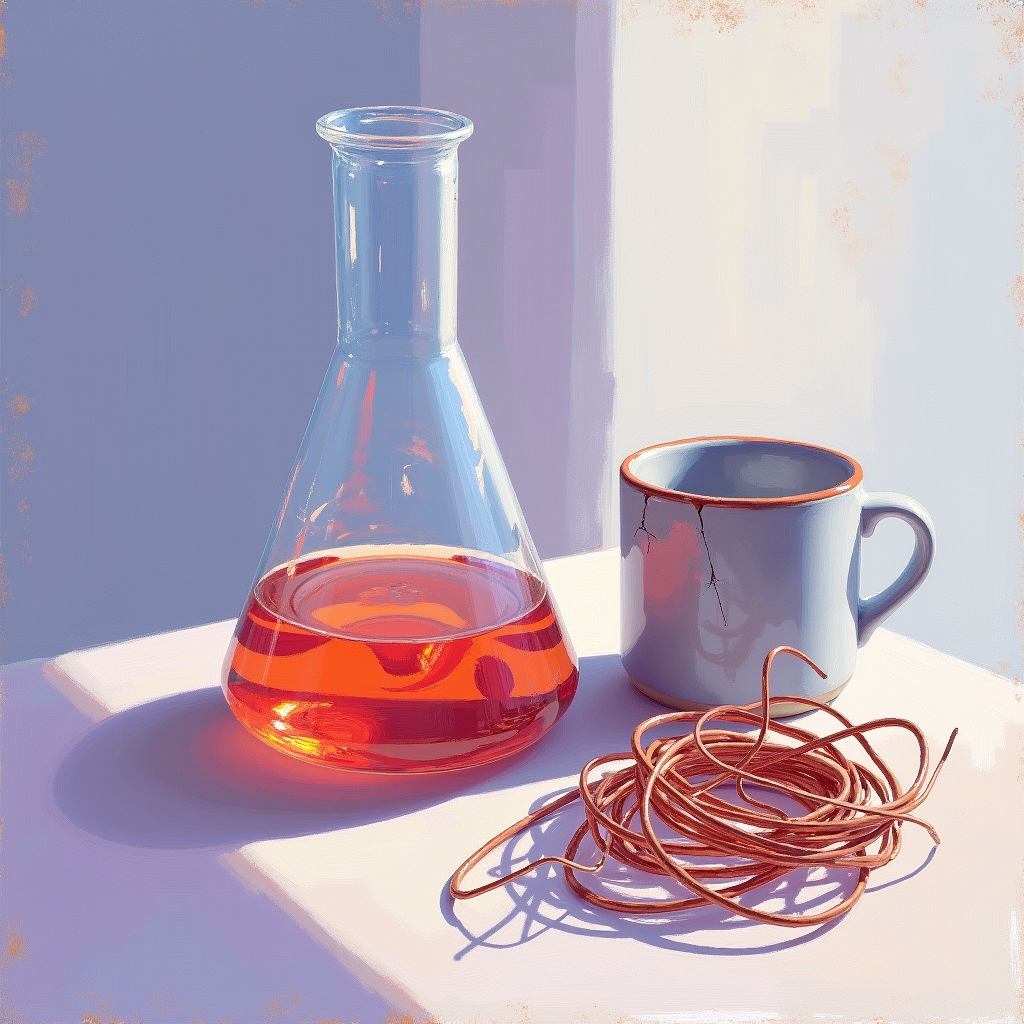 A glass laboratory beaker contains swirling colored liquids,