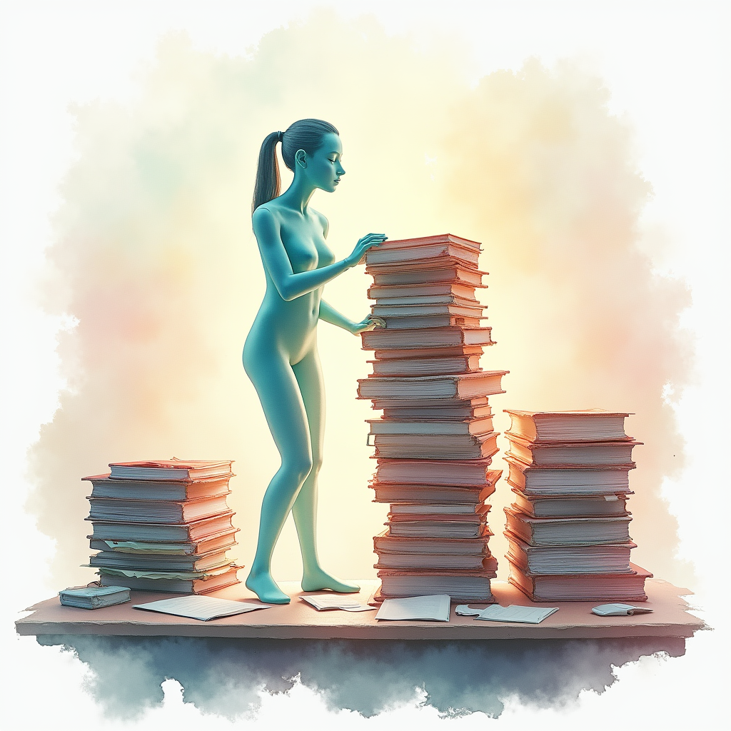 A holographic assistant figure lifting a stack of heavy book