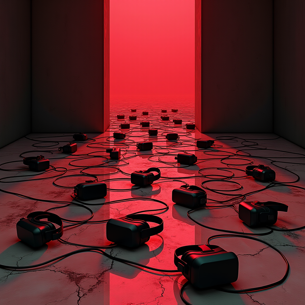 A cracked marble floor beneath a pile of discarded headsets 