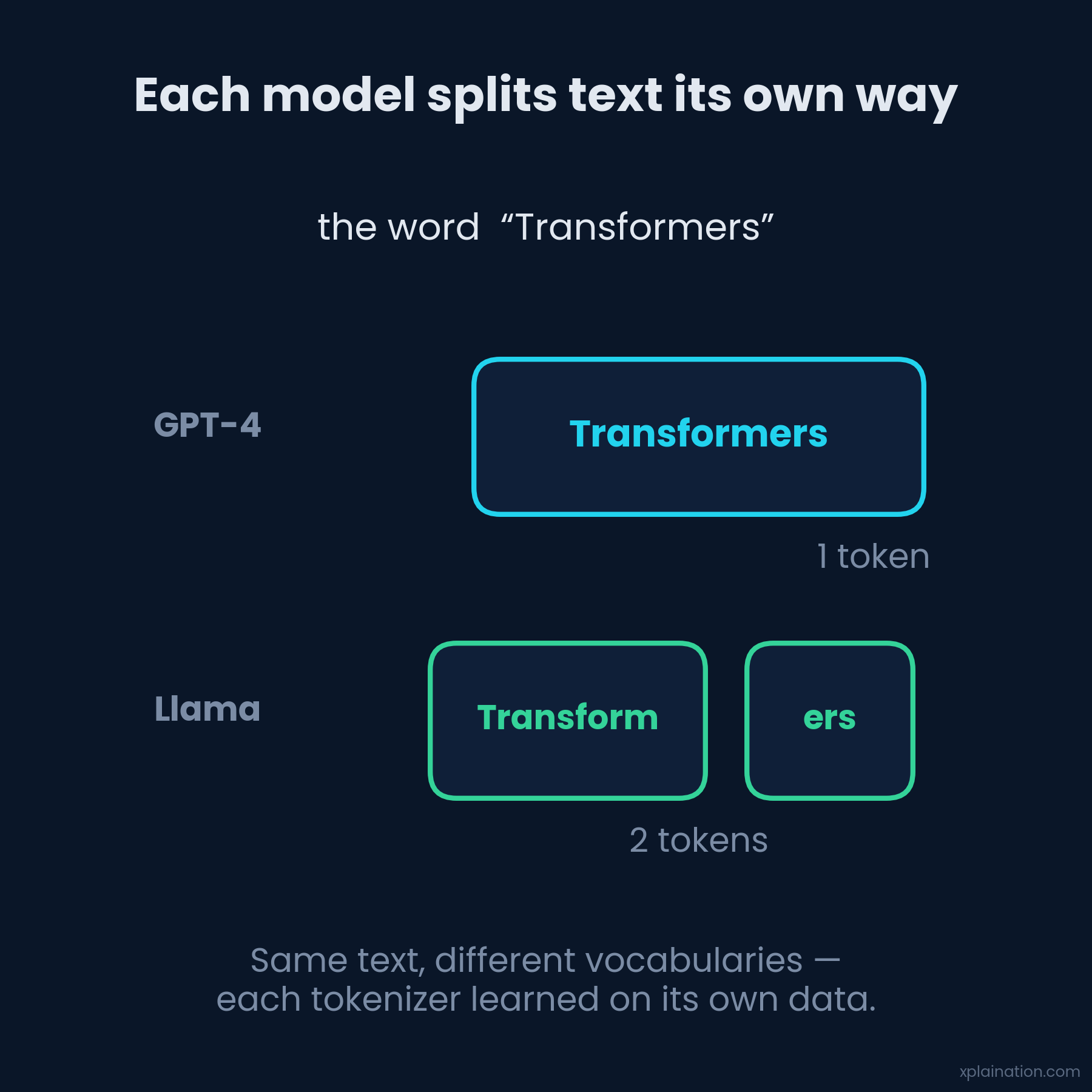 The same word splits differently across models: one token in GPT-4, two in Llama