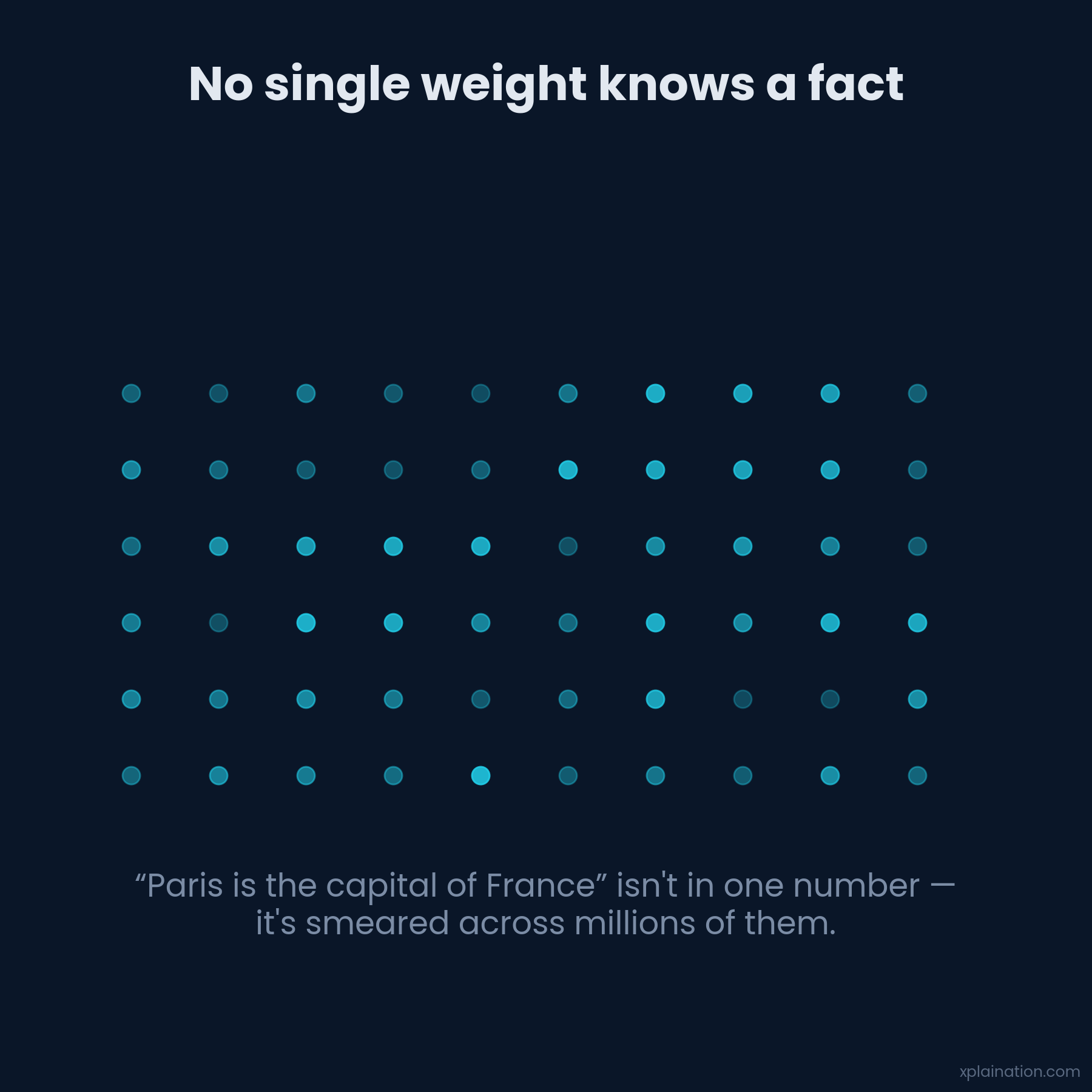 No single weight stores a fact — knowledge is spread across millions