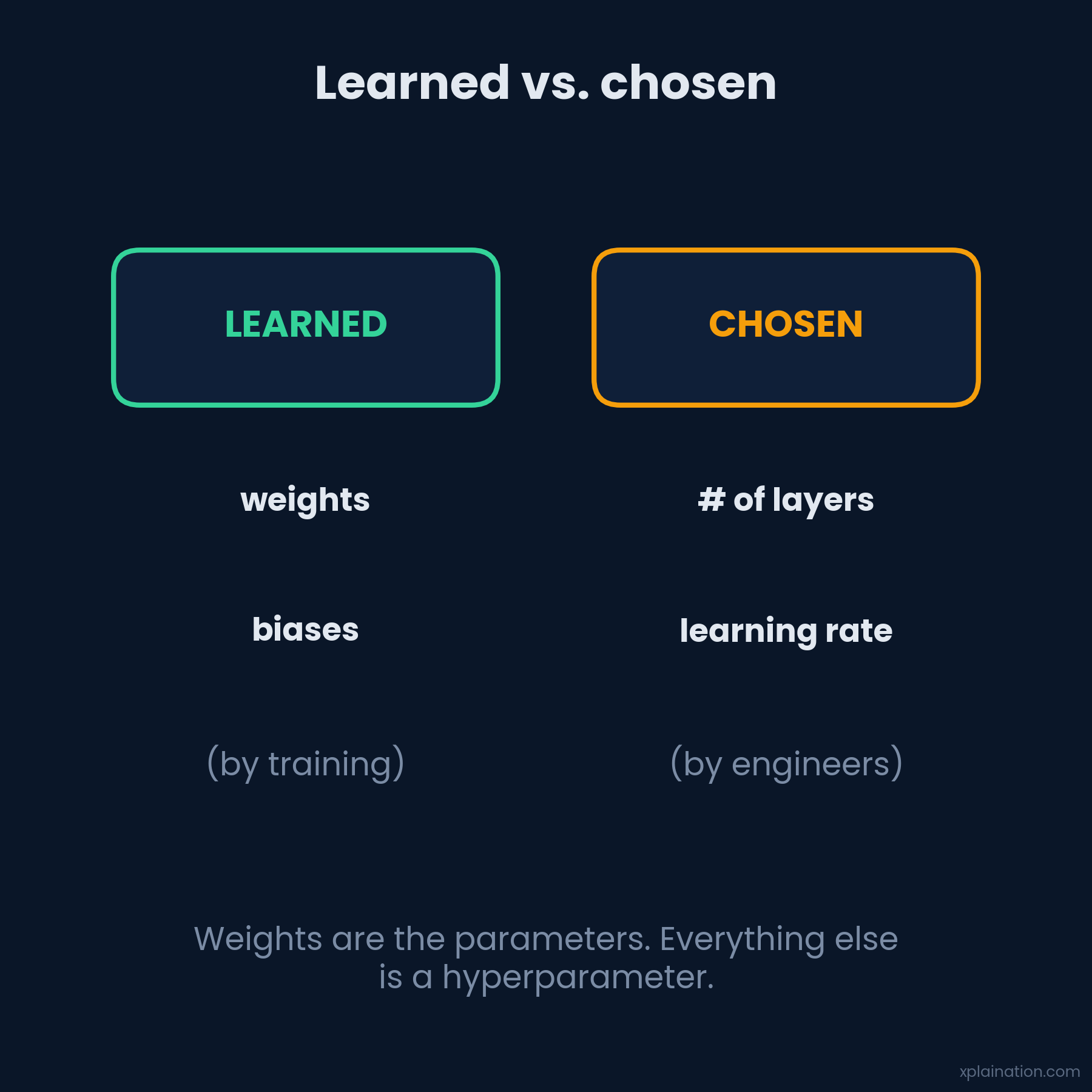 Weights and biases are learned; layers and learning rate are chosen