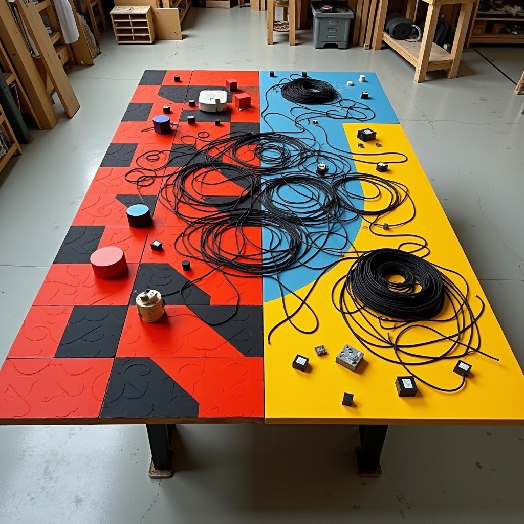 A large workbench divided into two sections, one with perfec
