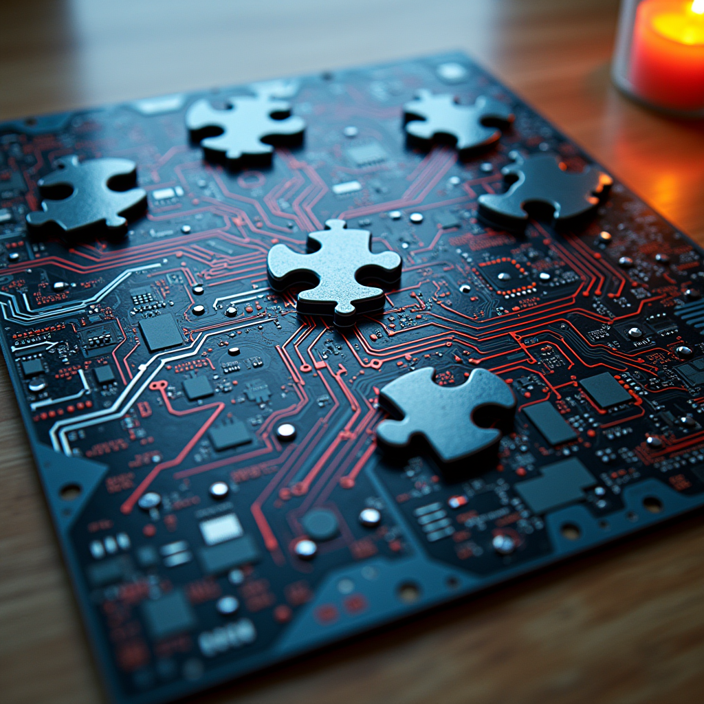 A metallic circuit board layout forming a classic jigsaw puz
