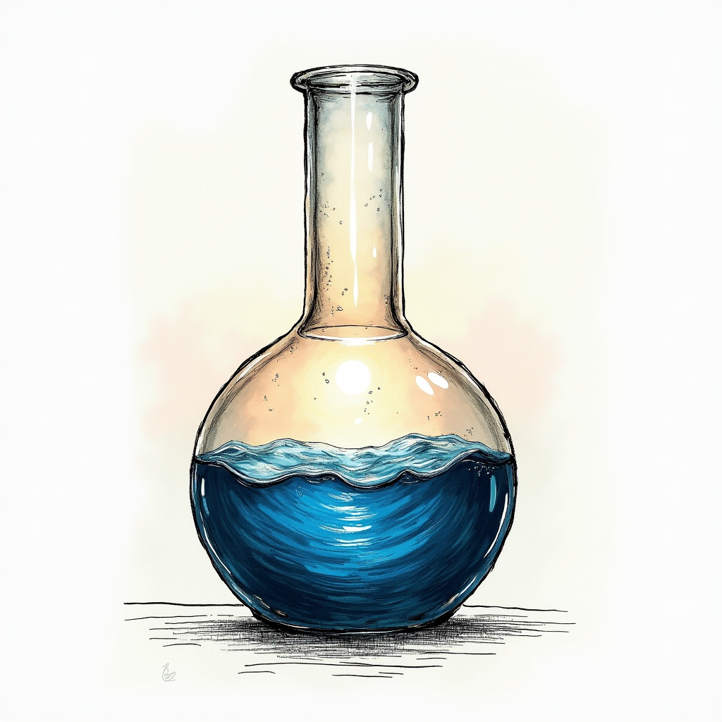 A transparent glass flask holding swirling blue liquid, surr