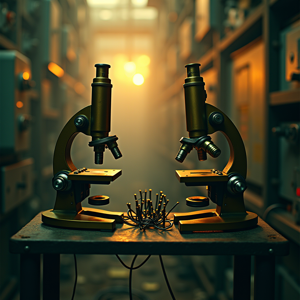 A row of identical brass microscopes arranged on a metal she