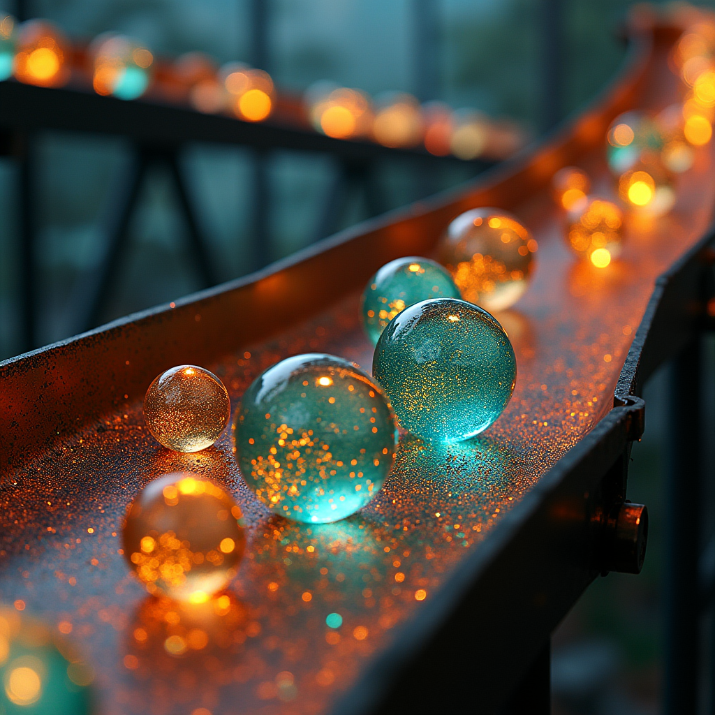 Copper conveyor belts carrying misshapen glass marbles that 