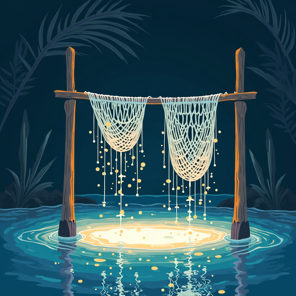 Woven silk nets stretched between wooden poles, catching dri