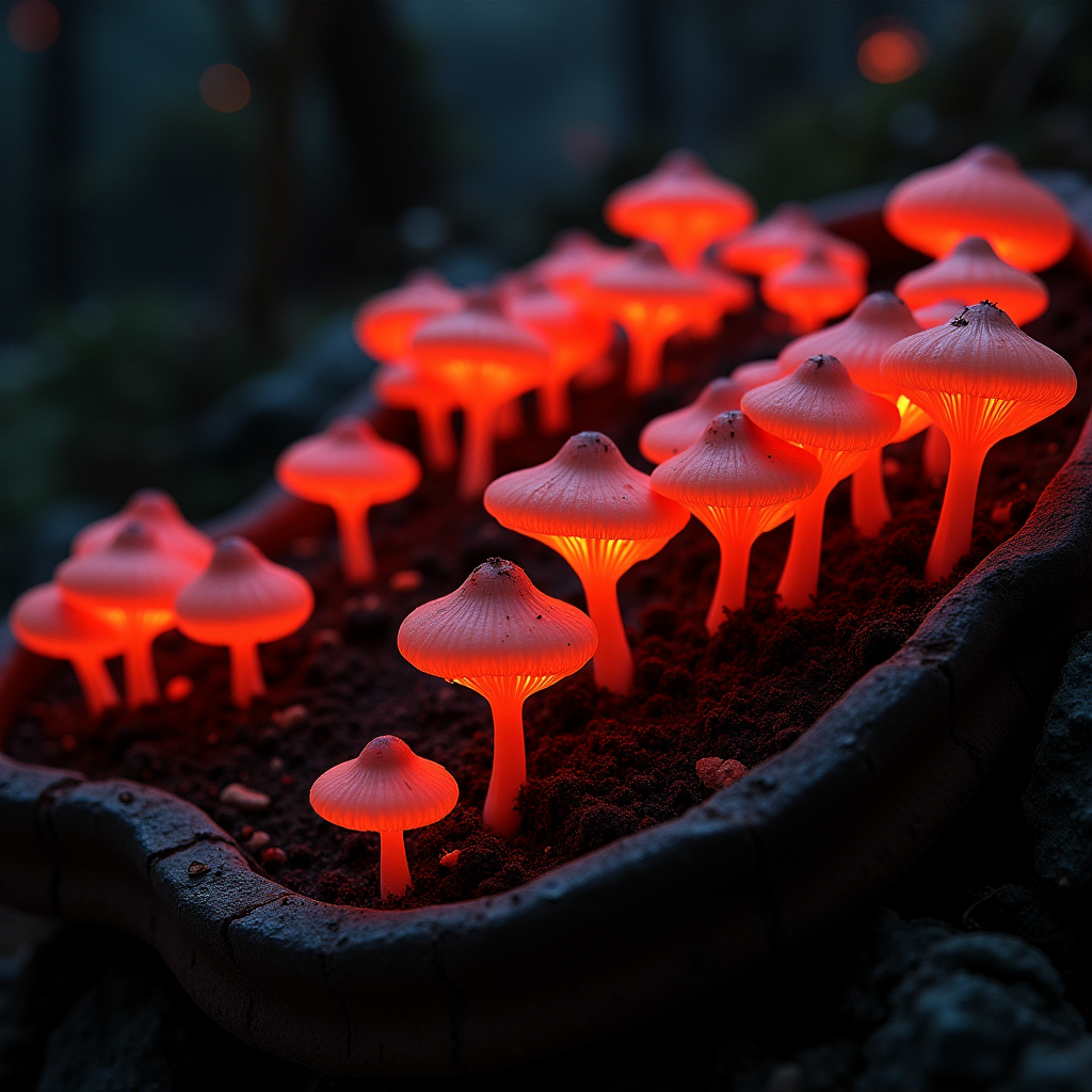 A terraced clay planter where bioluminescent fungi sprout in