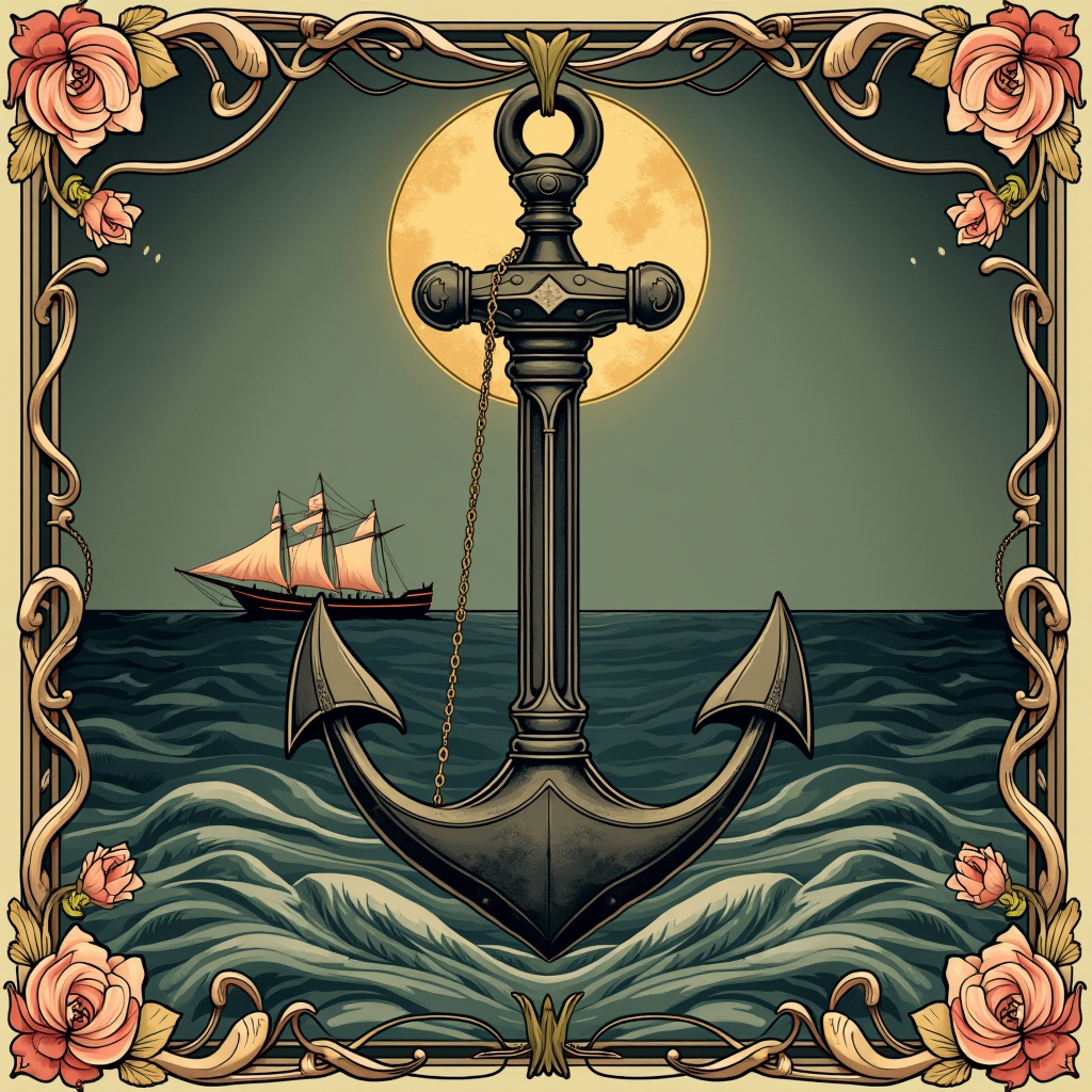 A heavy iron anchor lifting from dark water, pulling a taut