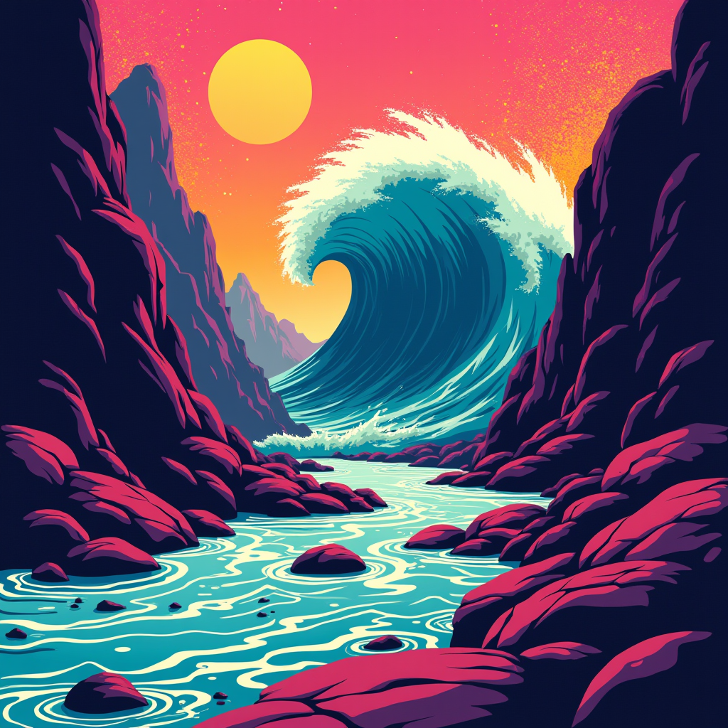 A massive, silent tide rising in a narrow canyon, displacing