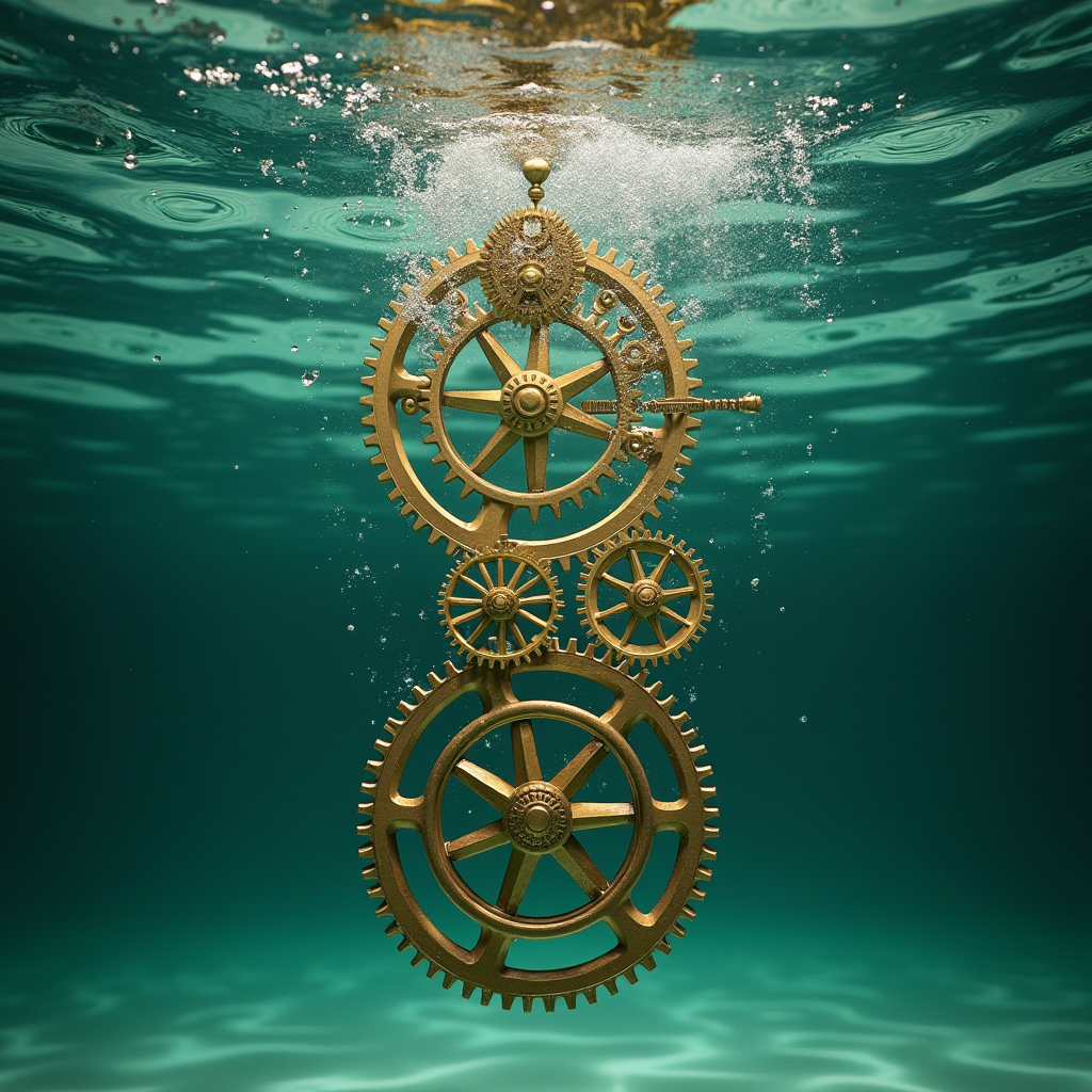 Intricate silver gears interlocking beneath clear water, slo