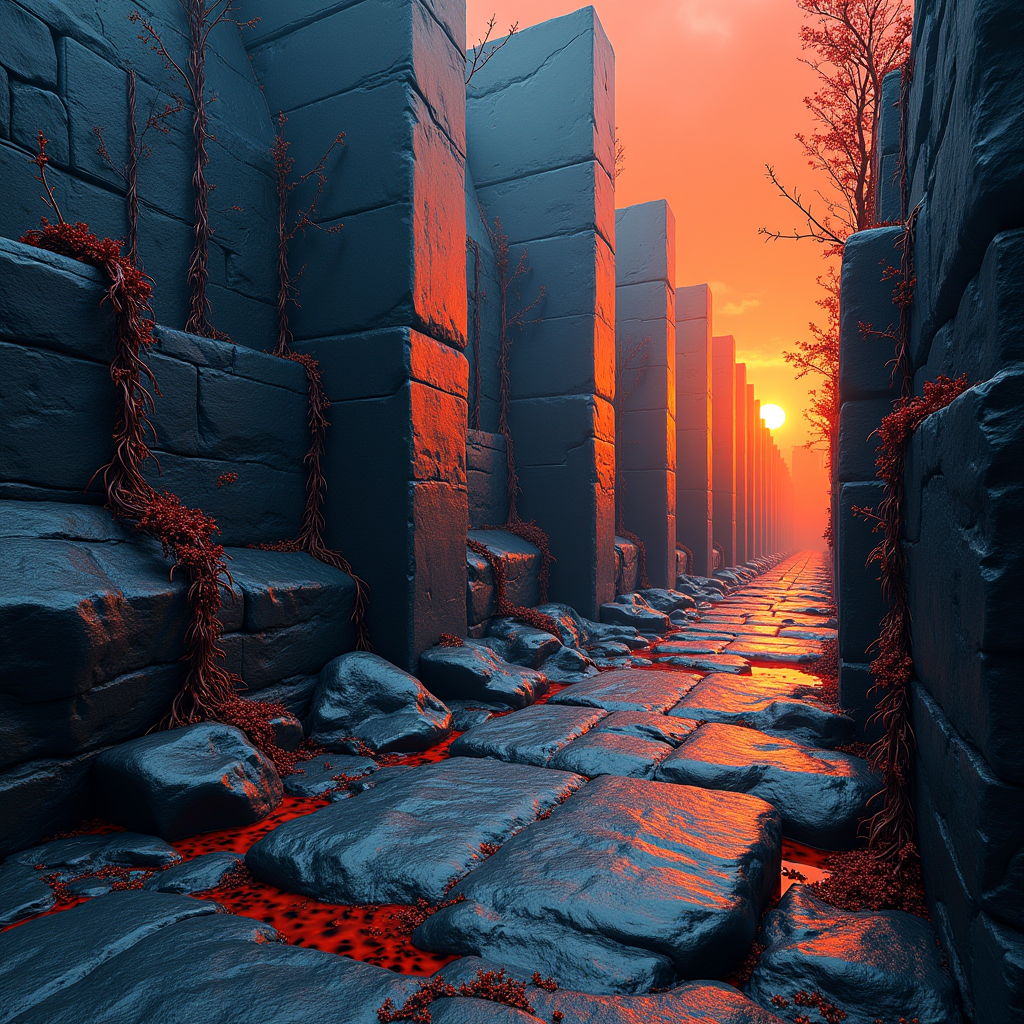 Smooth basalt slabs sliding over a network of copper vines,