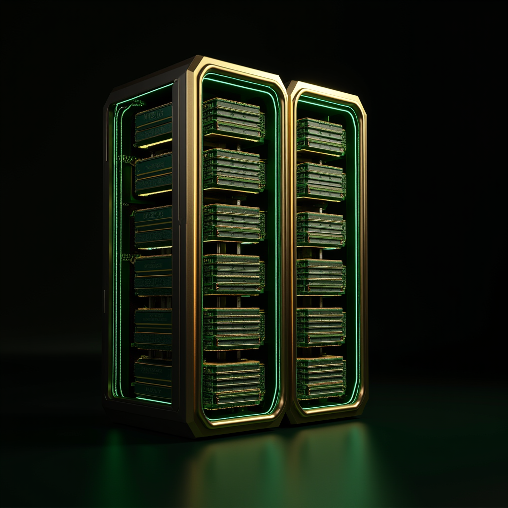 Modular server racks displaying tiered processor chips along