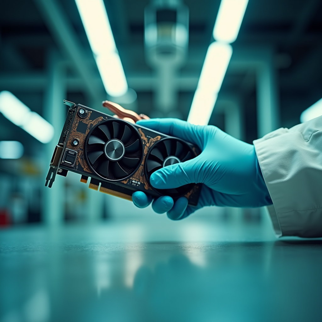 Bare graphics card gripped in a rubber-gloved hand, copper h