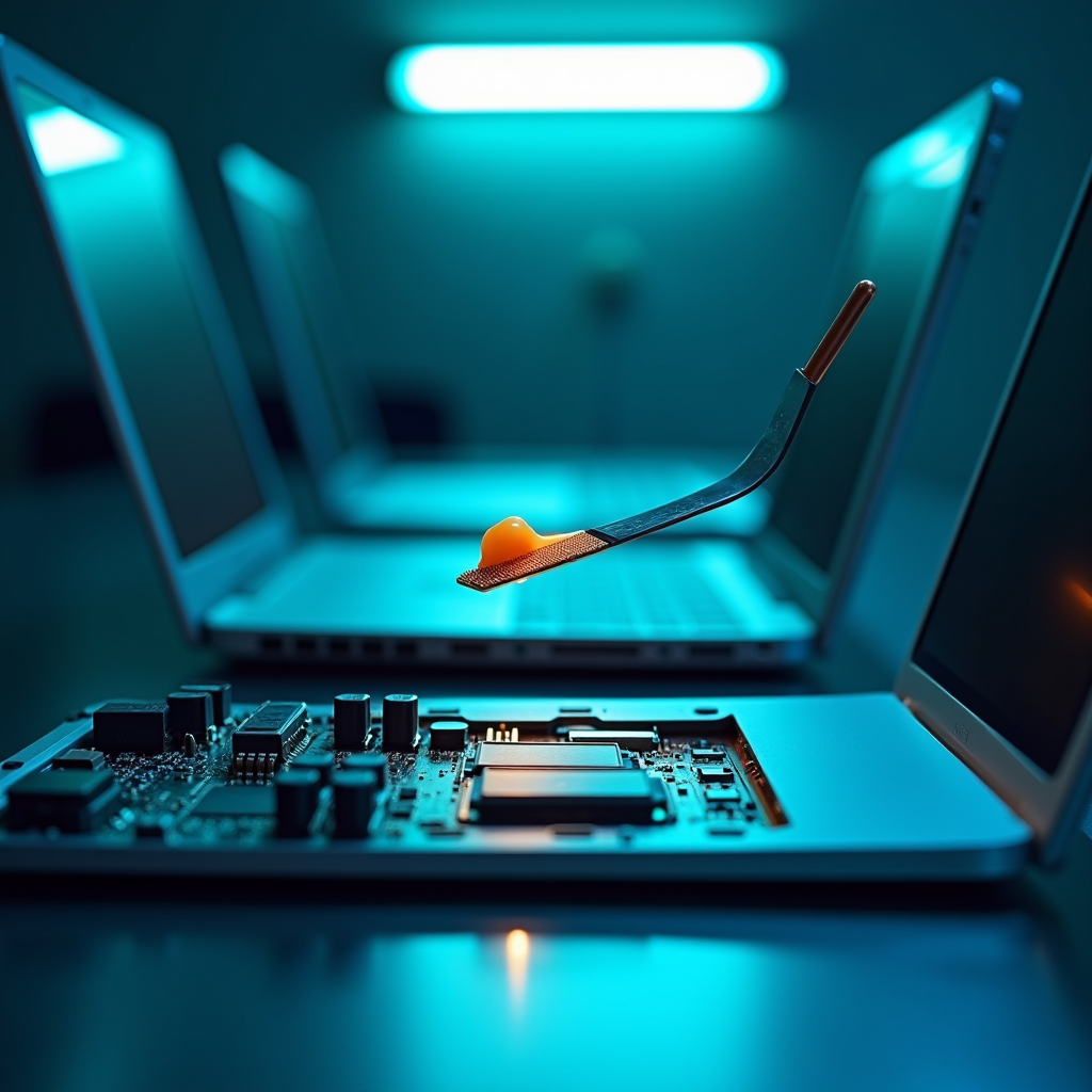 Row of three business laptops on a metal table, a copper the