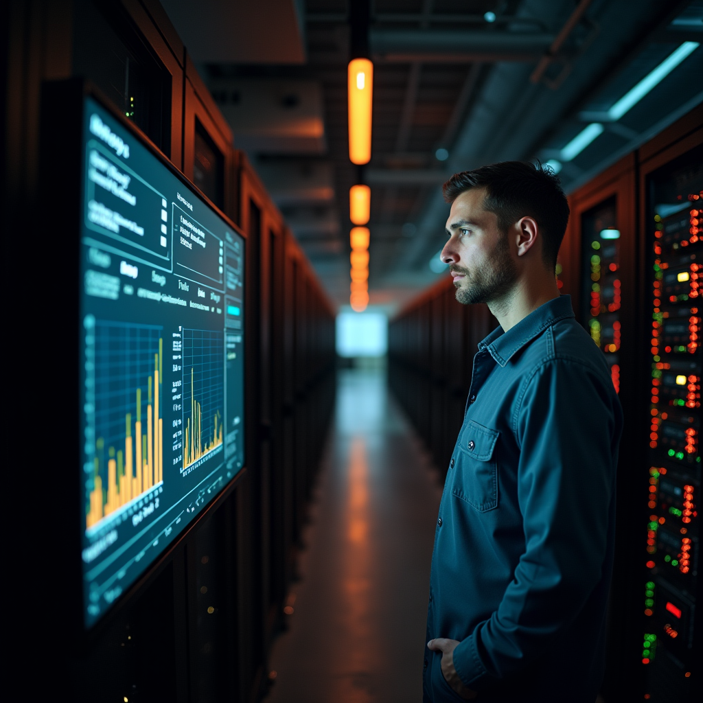 Engineer standing beside a wall-mounted monitor displaying s
