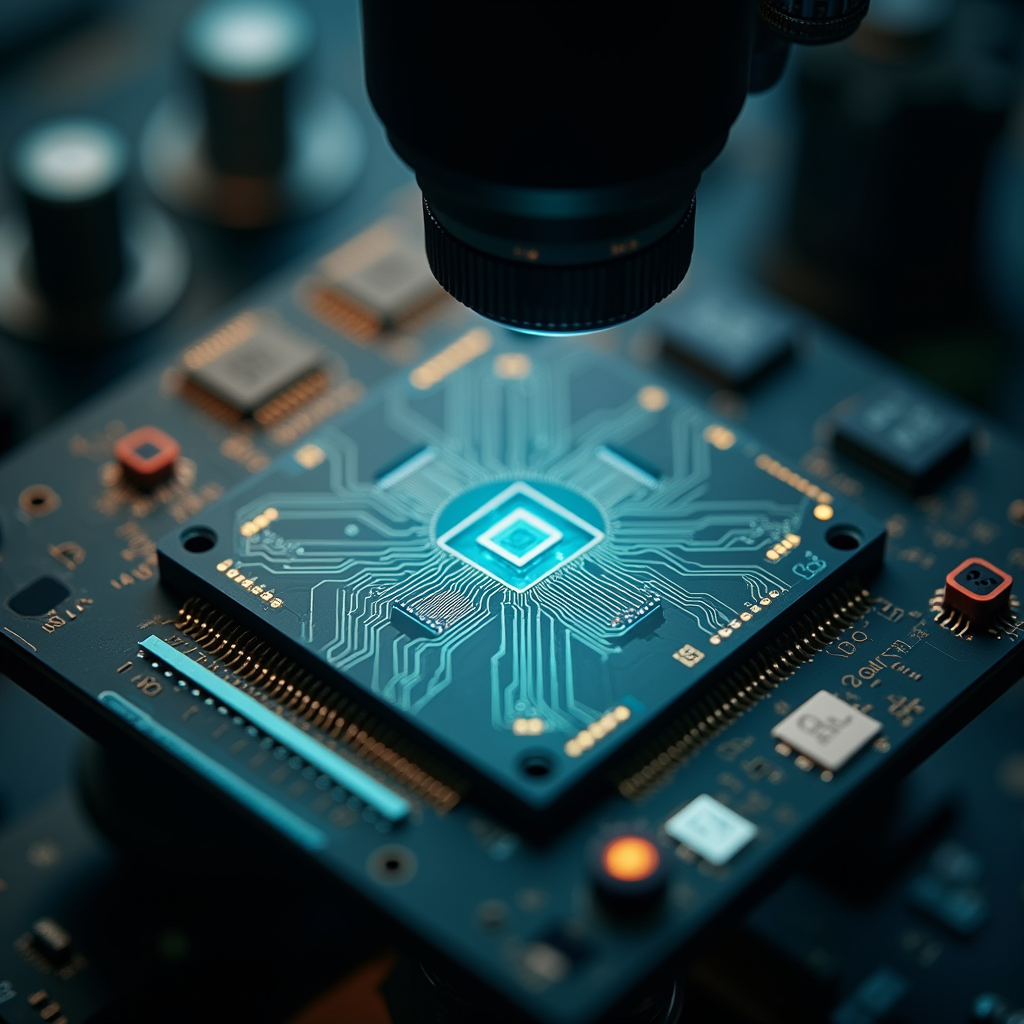 Microscope lens focused tightly on a polished silicon wafer