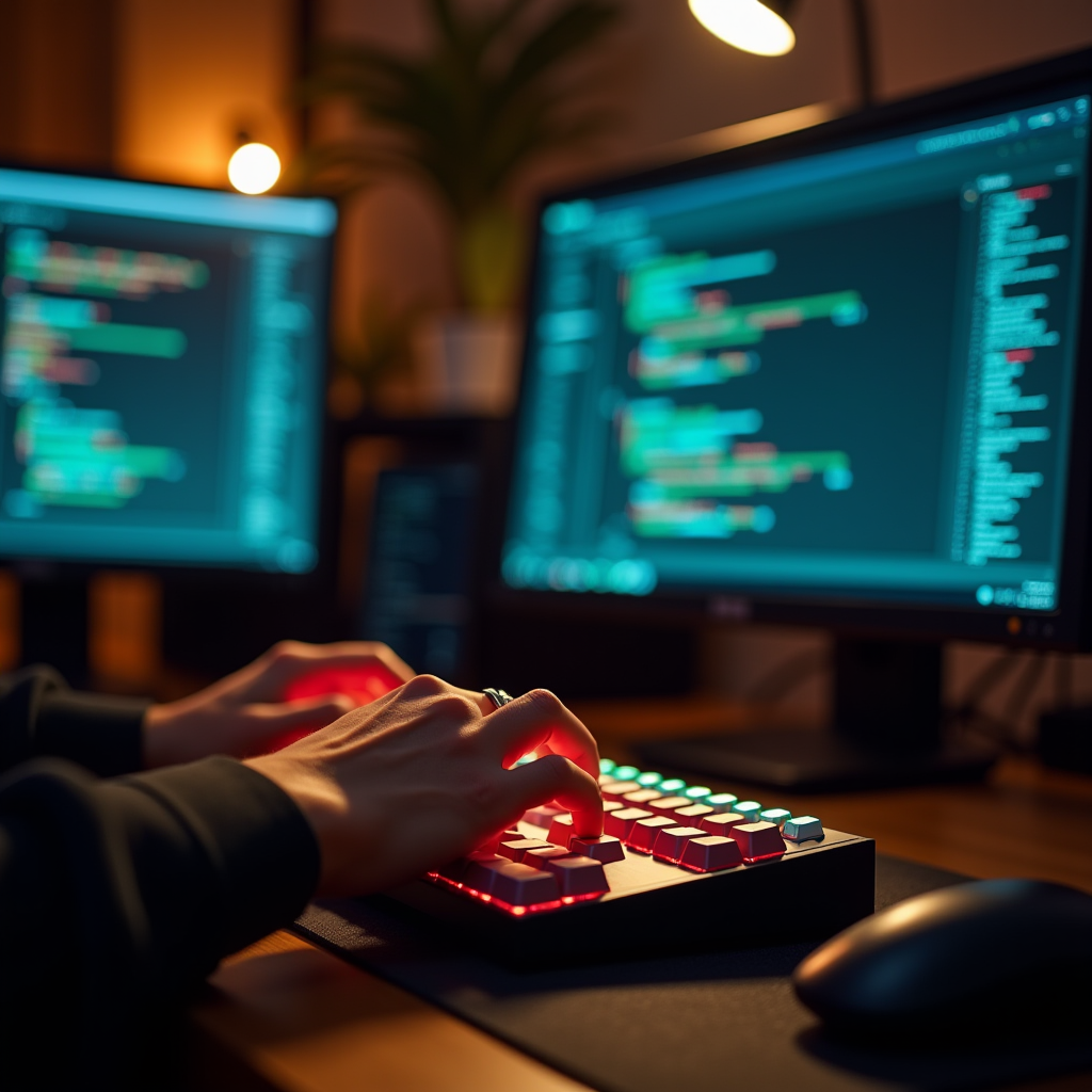 Developer typing rapidly on a mechanical keyboard with backl