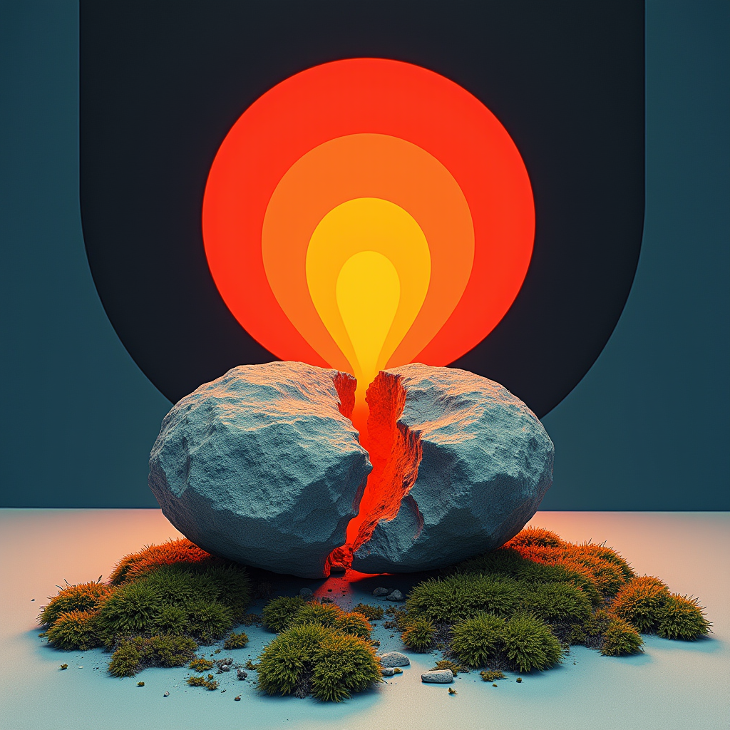A heavy, iron-gray stone resting on pale moss, cracking apar