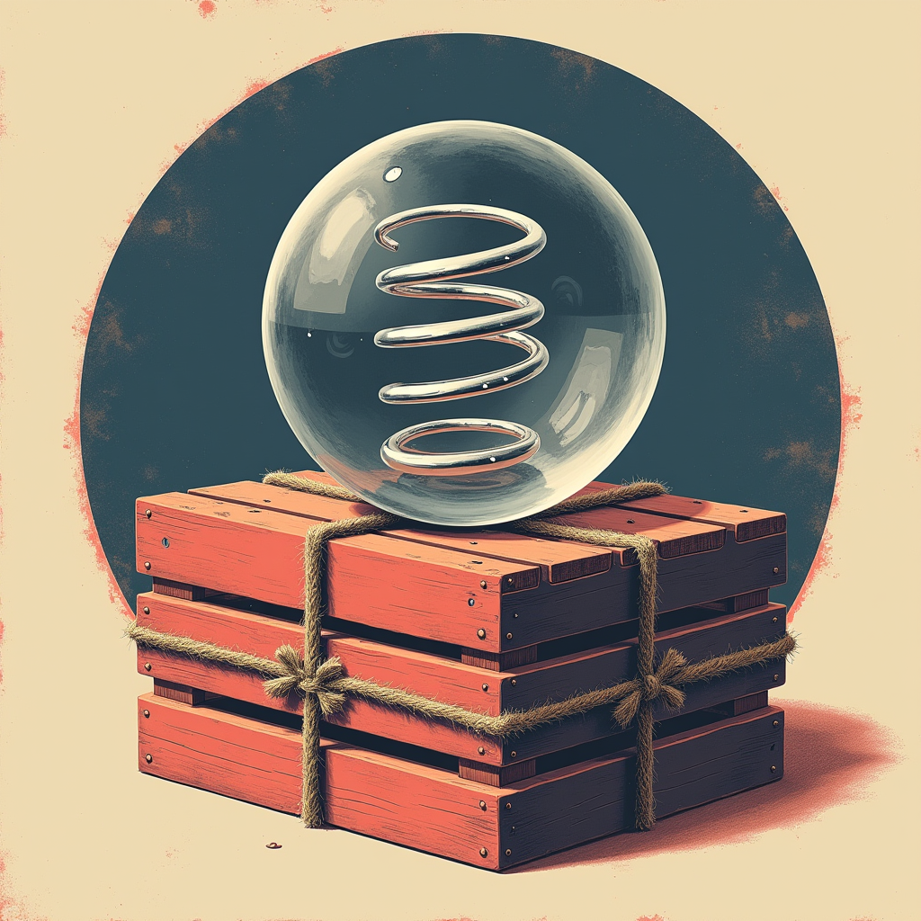 A smooth glass orb containing a tightly coiled silver spring