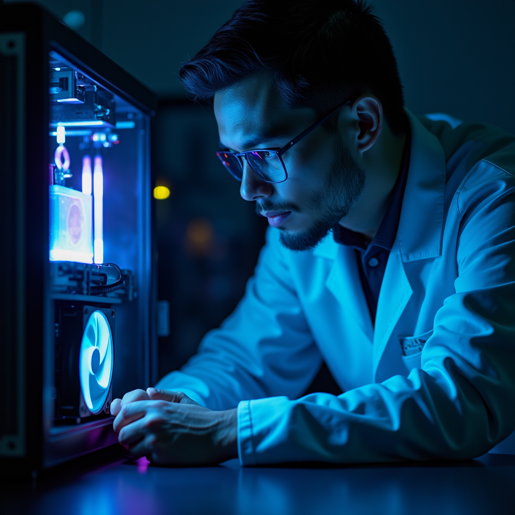 A researcher adjusting a precision cooling fan on a testing