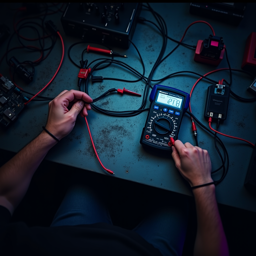 A pair of hands routing thick power cables across a steel wo