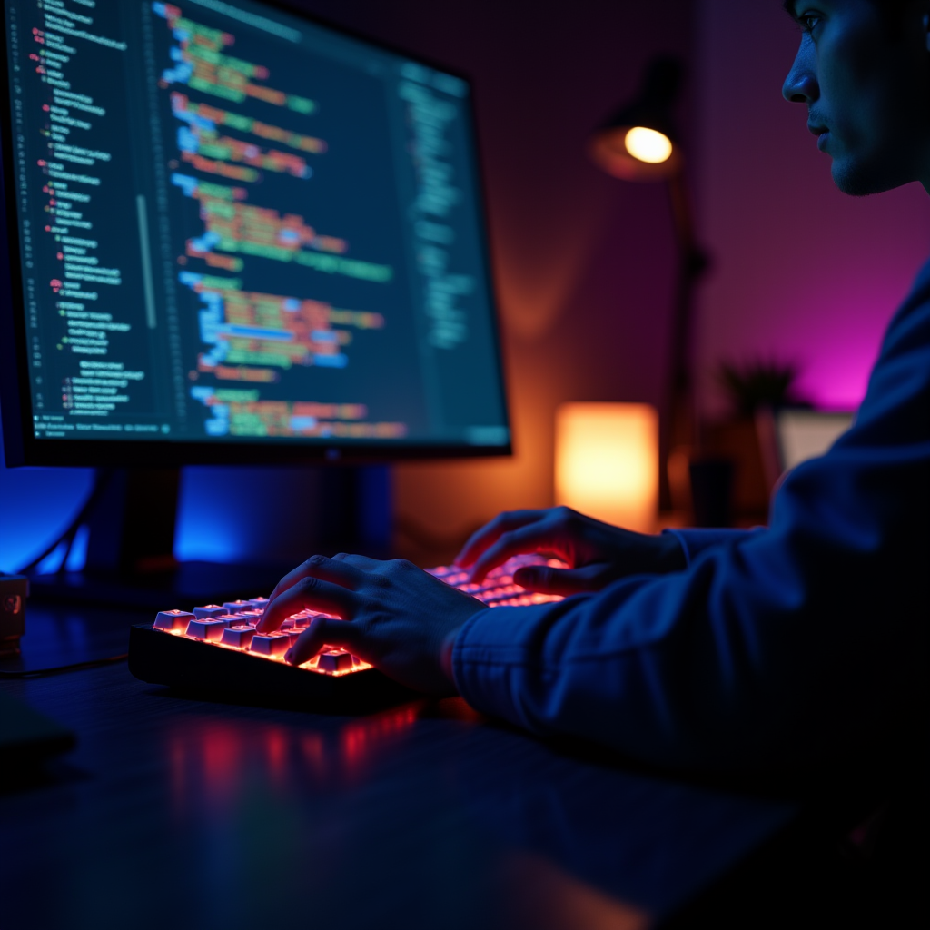 A developer typing on a mechanical keyboard while a monitor