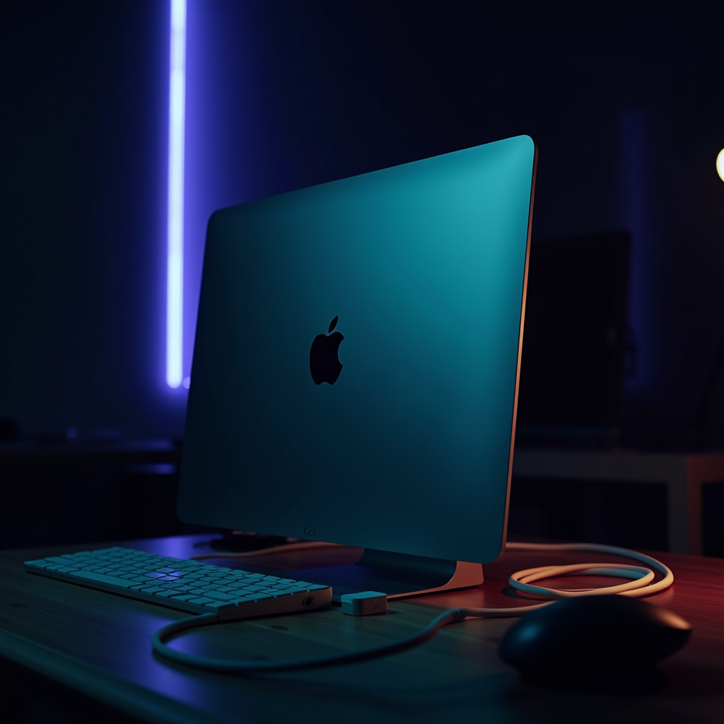 A sleek Mac Studio sitting on a wooden desk next to a coiled