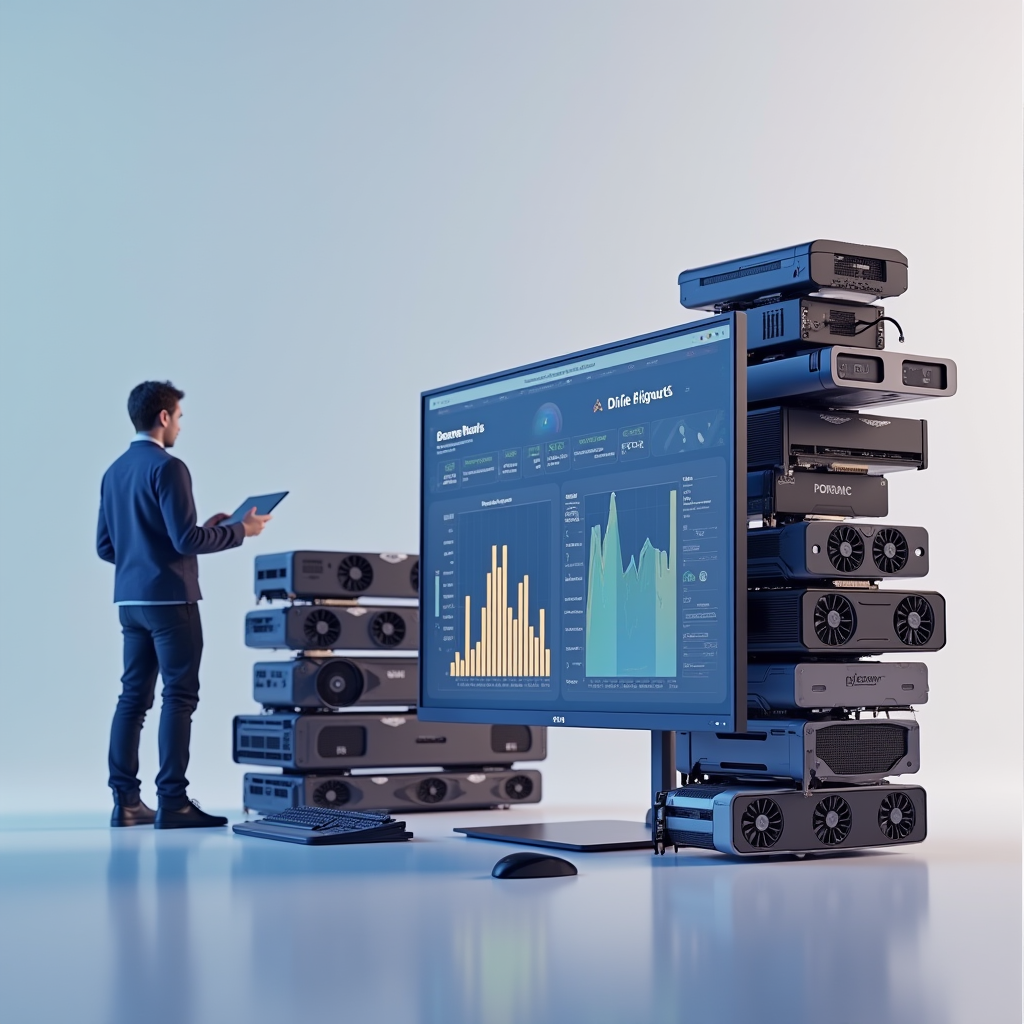 A developer standing beside a wall of stacked graphics cards