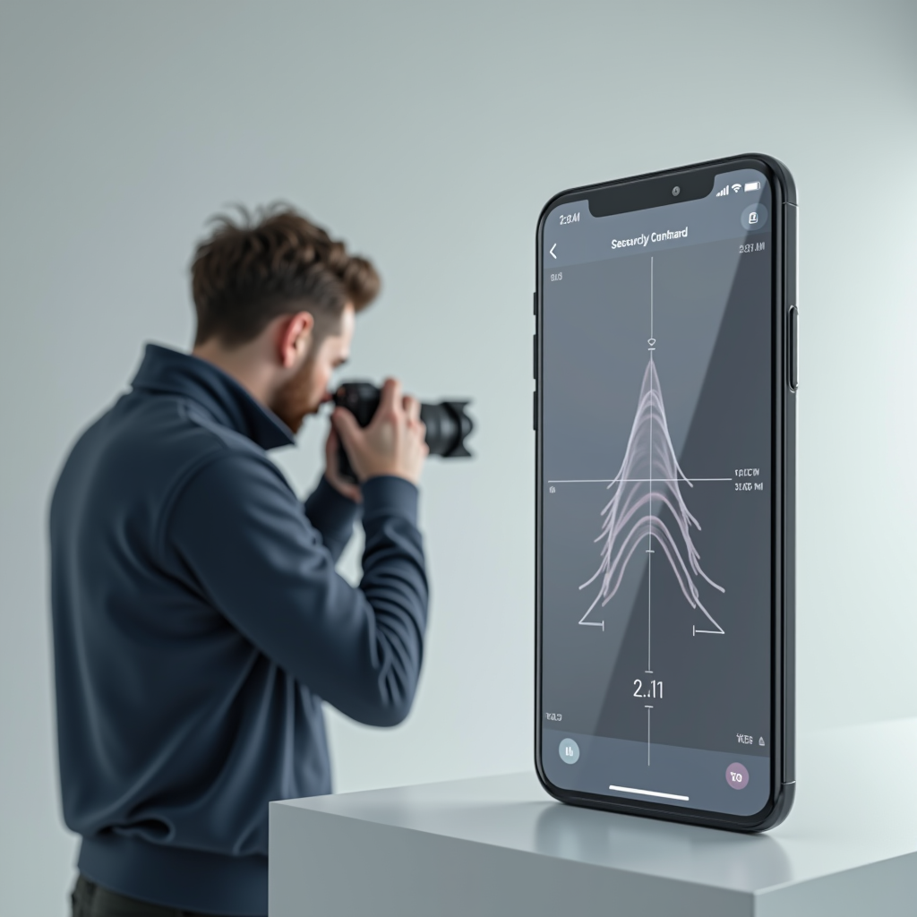 A photographer adjusting a DSLR camera, a smartphone screen