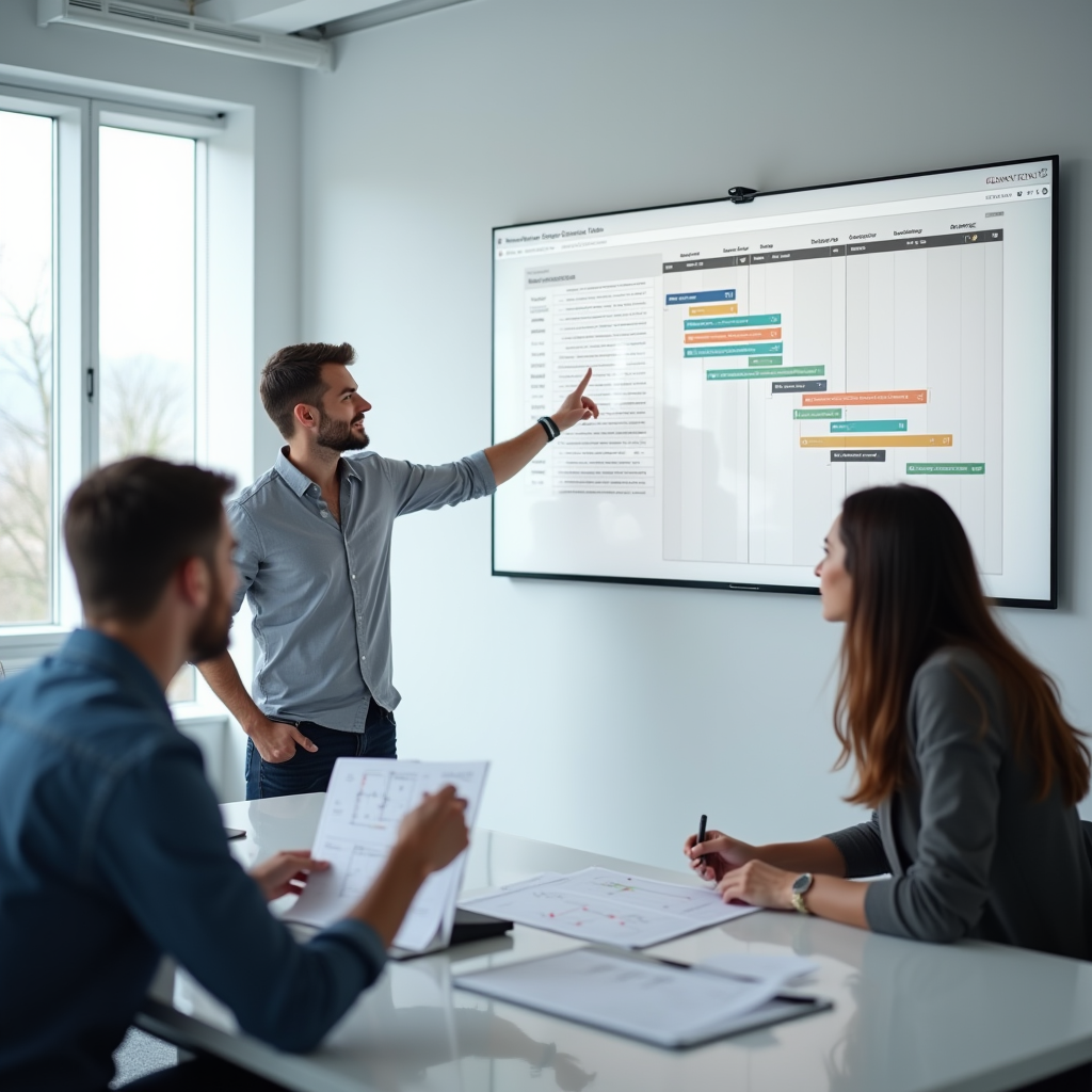 A team lead pointing at a physical Gantt chart on a glass wa