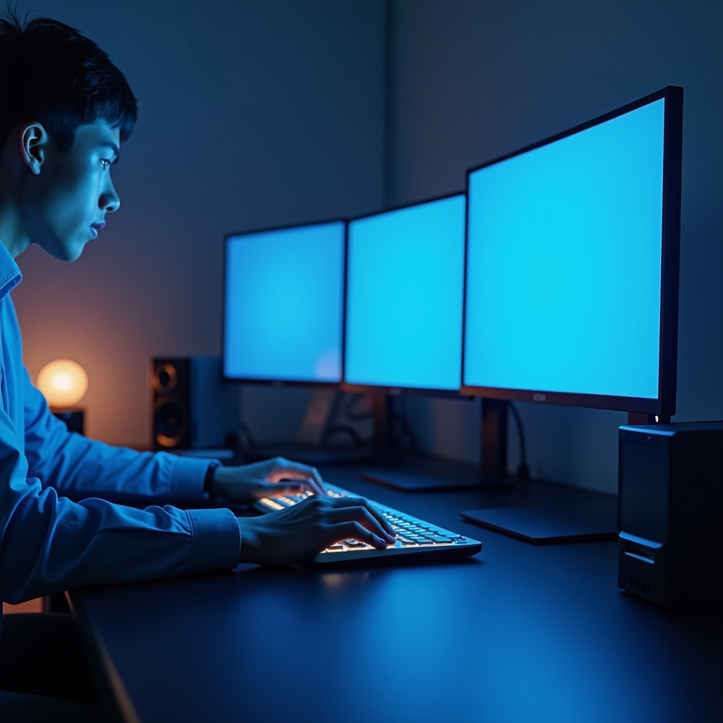 A person leans forward, fingers hovering over a backlit keyb