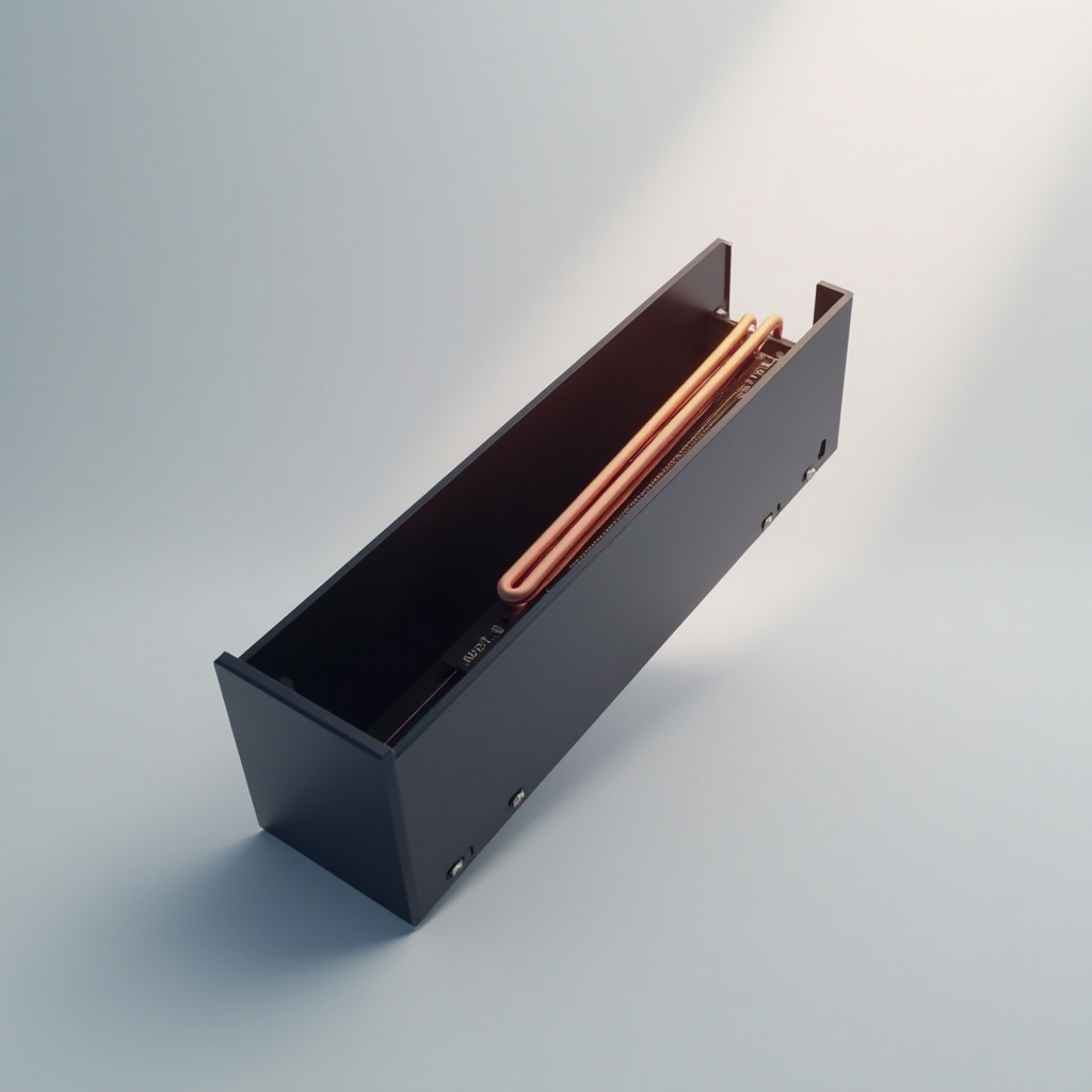 A graphics card angles upward inside an open chassis, copper