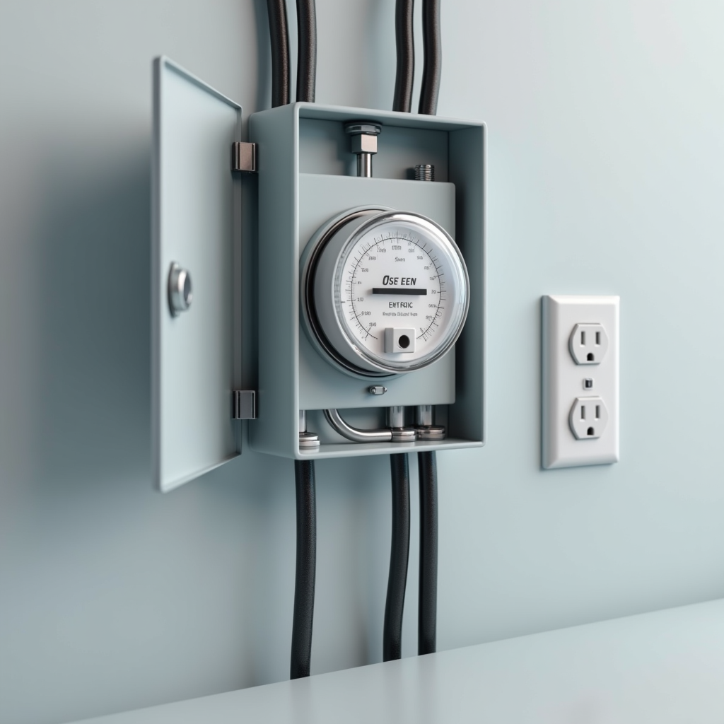 A residential electrical panel hangs open, a spinning analog
