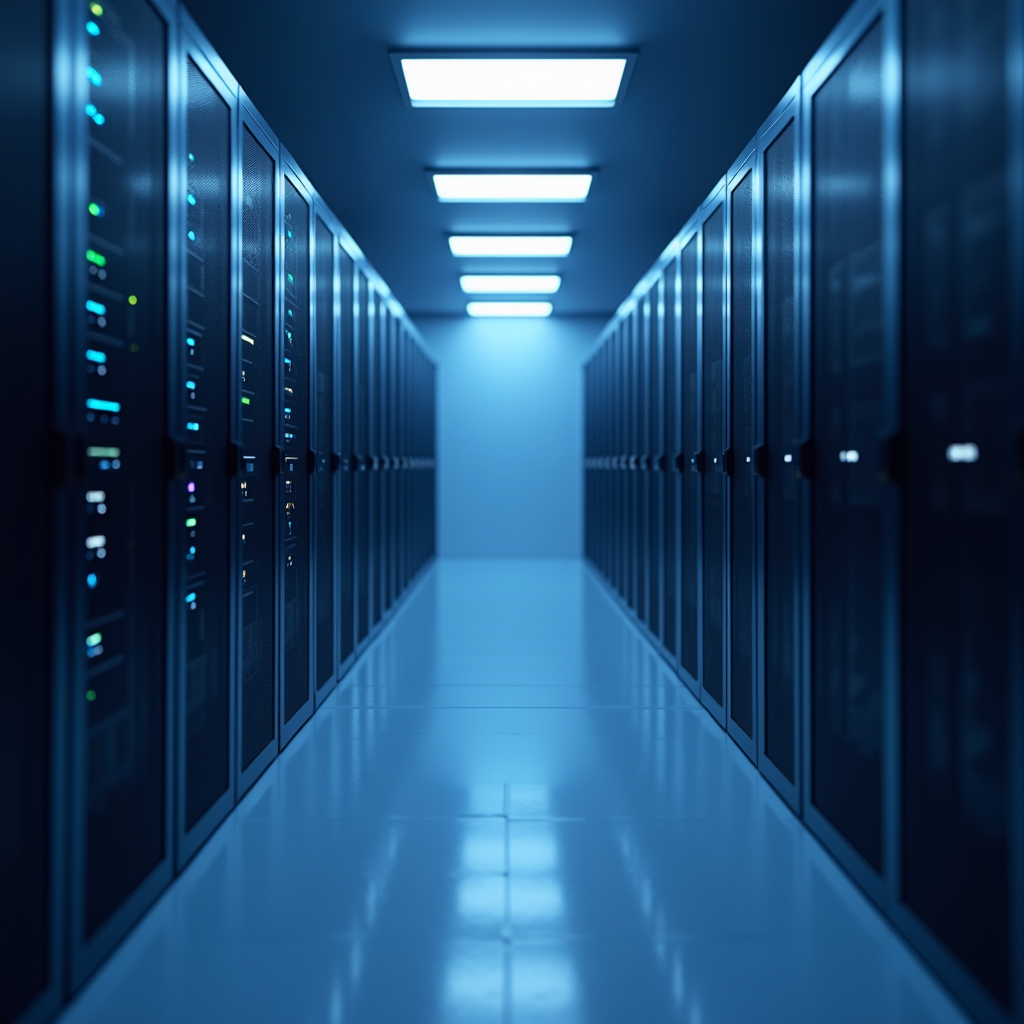 A server aisle stretches deep into a dim room, rows of blink