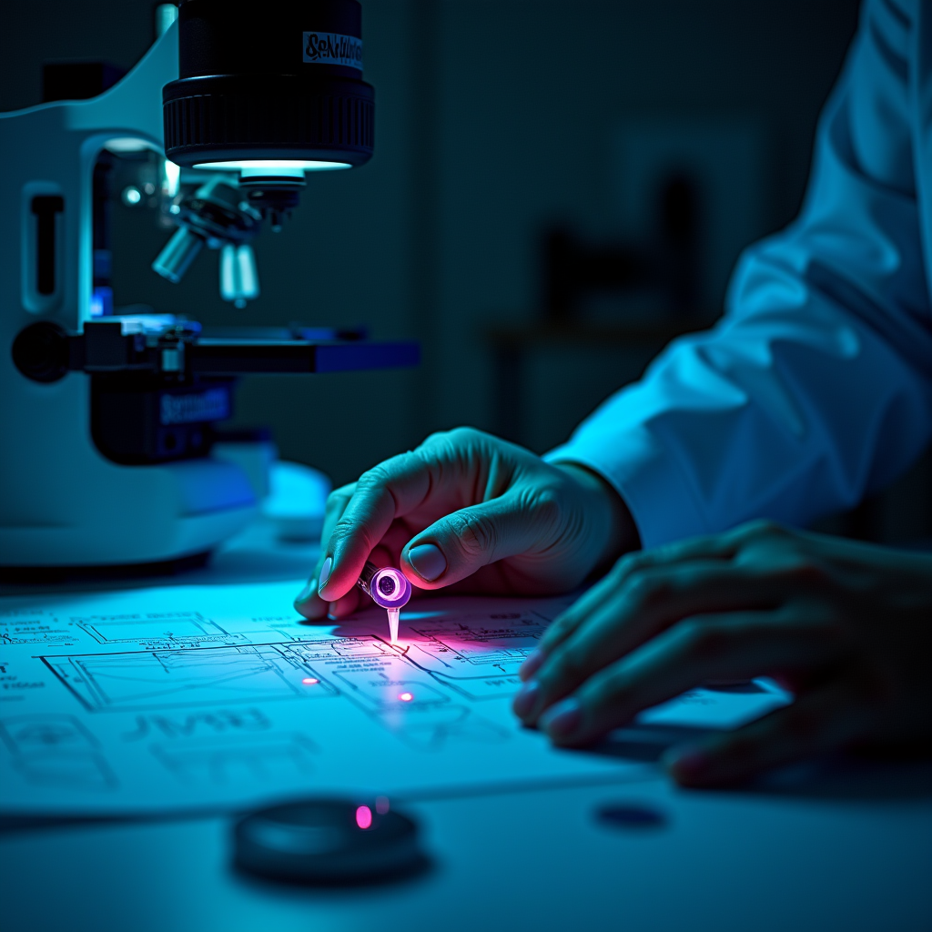 Close-up of a researcher adjusting precision calibration dia