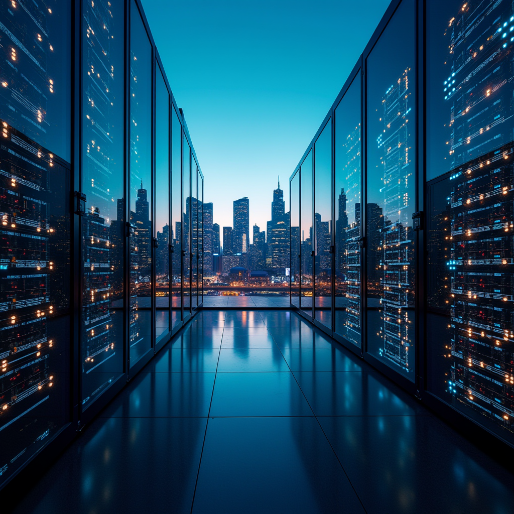 Wide shot of a futuristic glass data center reflecting a bus