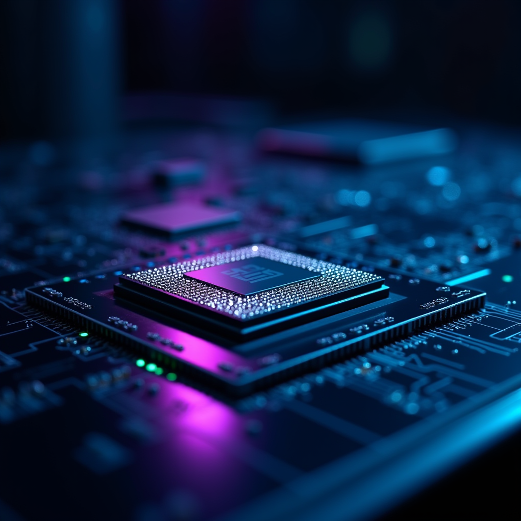 Sharp diagonal view of a custom silicon processor chip resti