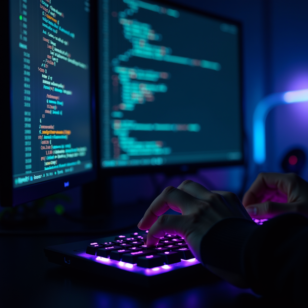 Over-the-shoulder perspective of a developer typing on a mec
