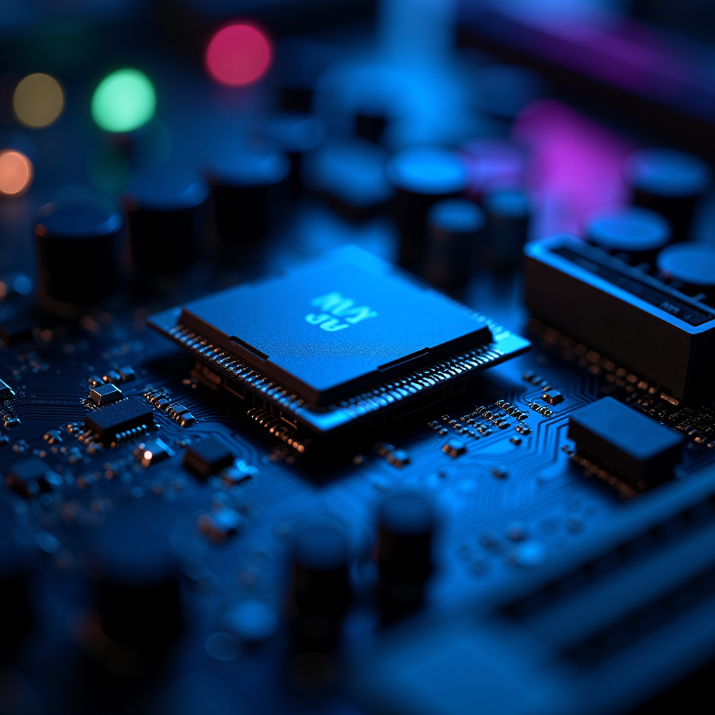 Macro shot of a motherboard featuring multiple VRAM chips, o