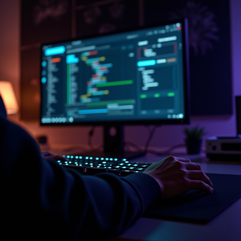 Over-the-shoulder view of a developer’s hands resting on a m