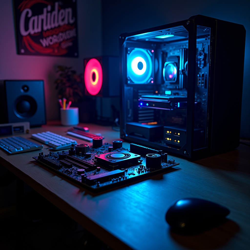 A wooden workbench covered with unpacked PC components: moth