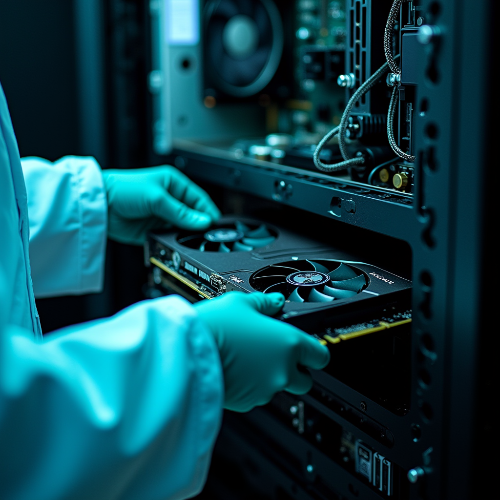 Technician hands securing a second graphics card into a serv